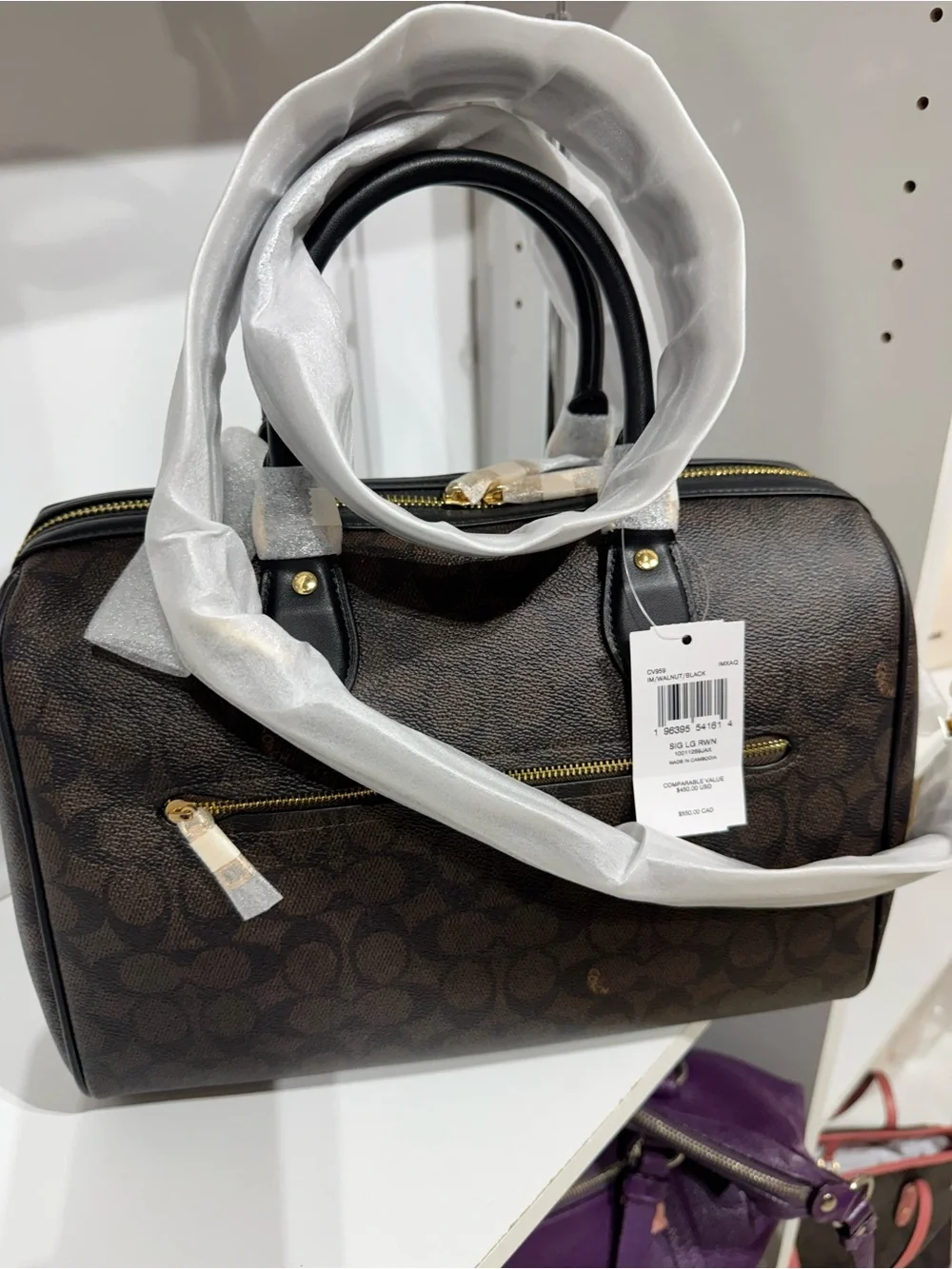 COACH large Rowan Brown & Black Signature Canvas Satchel with Gold Hardware